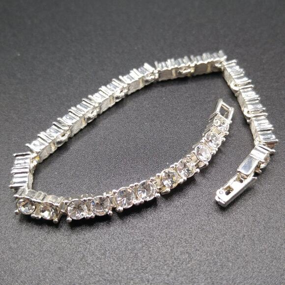 CZ Rhinestone Tennis Style Bracelet, Silver Tone, 7 1/4 Inches - Picture 7 of 7